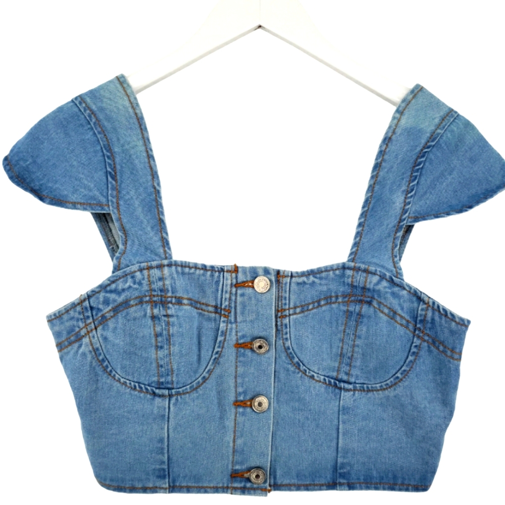 Denim Cropped Button Front Bustier Size Medium Cap Sleeve